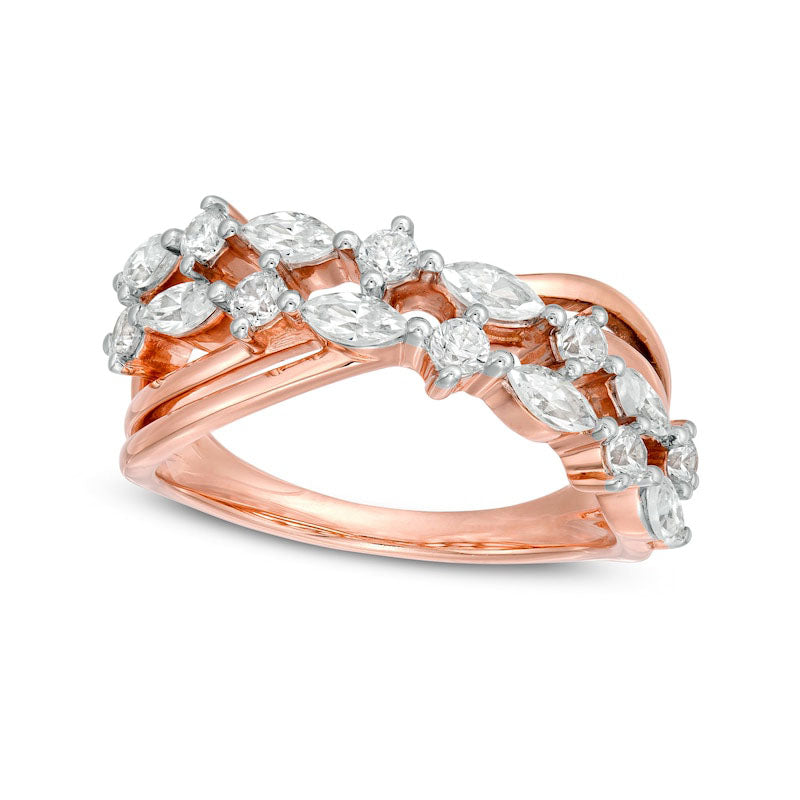 1.0 CT. T.W. Marquise and Round Natural Diamond Alternating Crossover Ring in Solid 10K Rose Gold