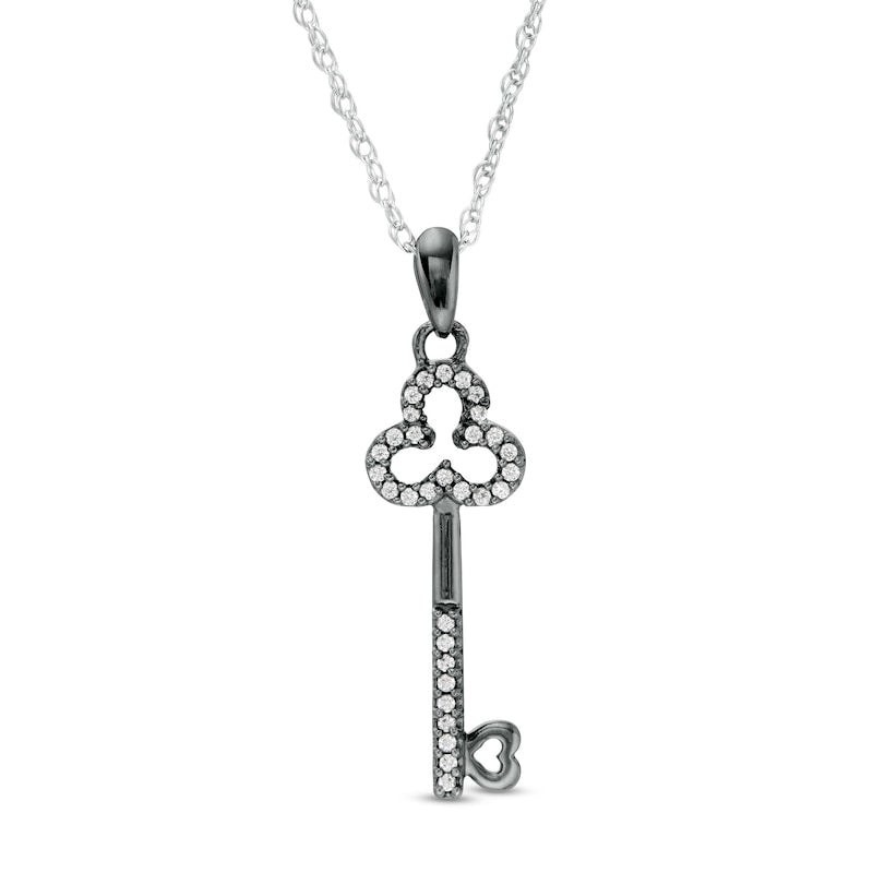 0.13 CT. T.W. Natural Diamond Clover-Top Key with Heart Pendant in Sterling Silver and Black Rhodium