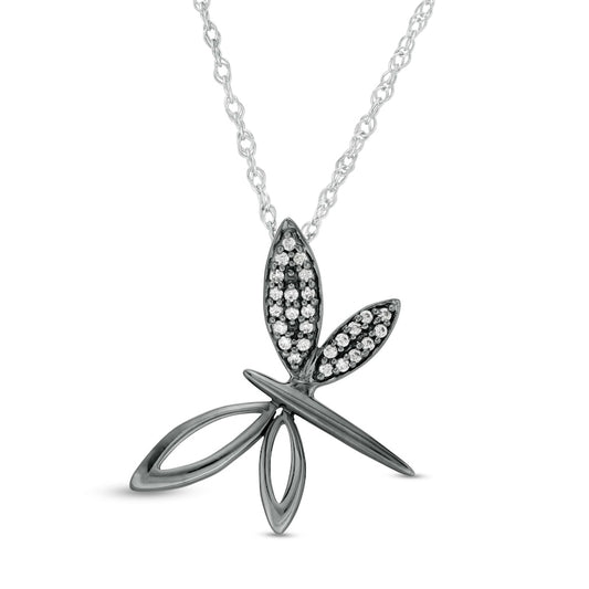 0.1 CT. T.W. Natural Diamond Tilted Dragonfly Pendant in Sterling Silver and Black Rhodium