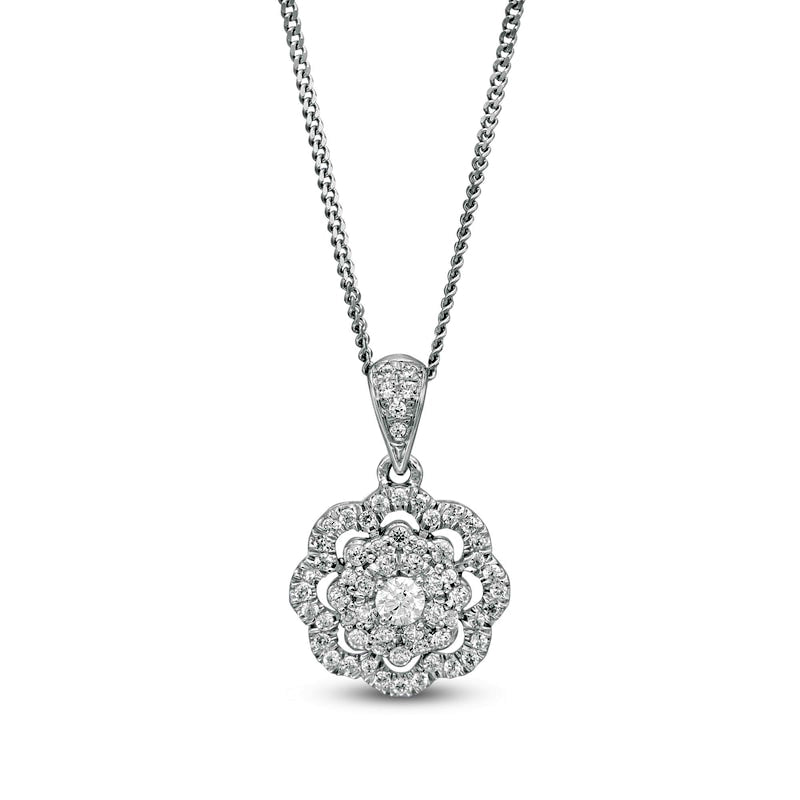 0.25 CT. T.W. Natural Diamond Frame Flower Drop Pendant in 10K White Gold