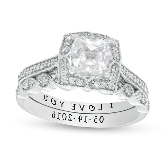 Cushion-Cut Lab-Created White Sapphire and 0.25 CT. T.W. Diamond Antique Vintage-Style Bridal Engagement Ring Set in Sterling Silver (2 Lines)