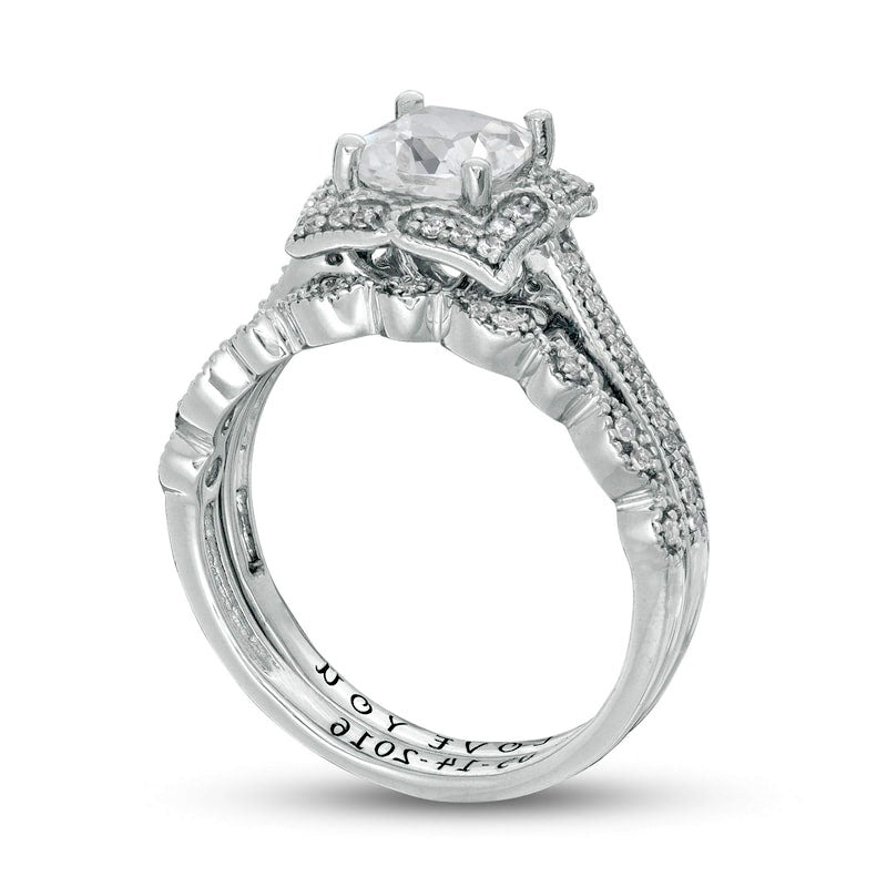 Cushion-Cut Lab-Created White Sapphire and 0.25 CT. T.W. Diamond Antique Vintage-Style Bridal Engagement Ring Set in Sterling Silver (2 Lines)