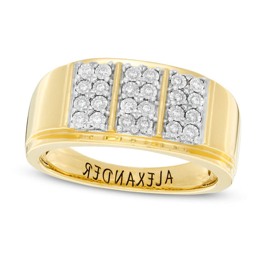 Men's 0.10 CT. T.W. Natural Diamond Engravable Double Row Vertical Trio Ring in Sterling Silver with Solid 14K Gold Plate (1 Line)