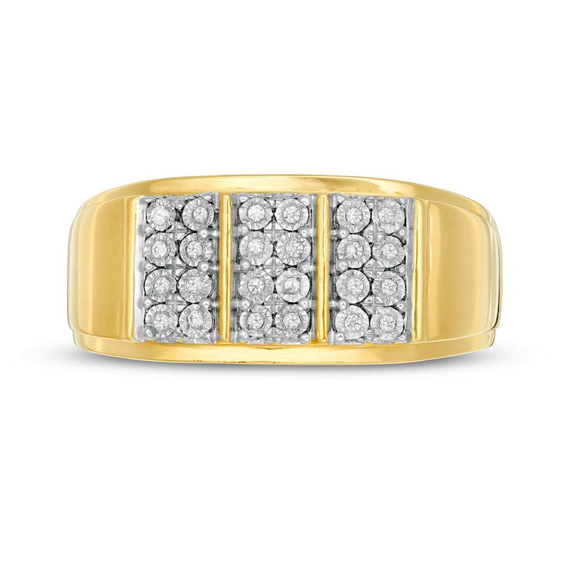 Men's 0.10 CT. T.W. Natural Diamond Engravable Double Row Vertical Trio Ring in Sterling Silver with Solid 14K Gold Plate (1 Line)