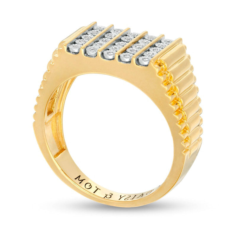 Men's 0.10 CT. T.W. Natural Diamond Engravable Vertical Five Row Ribbed Ring in Sterling Silver with Solid 14K Gold Plate (1 Line)