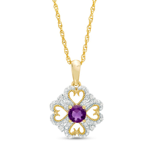 4.0mm Amethyst and 0.1 CT. T.W. Natural Diamond Antique Vintage-Style Heart-Shaped Four-Leaf Clover Pendant in 10K Yellow Gold