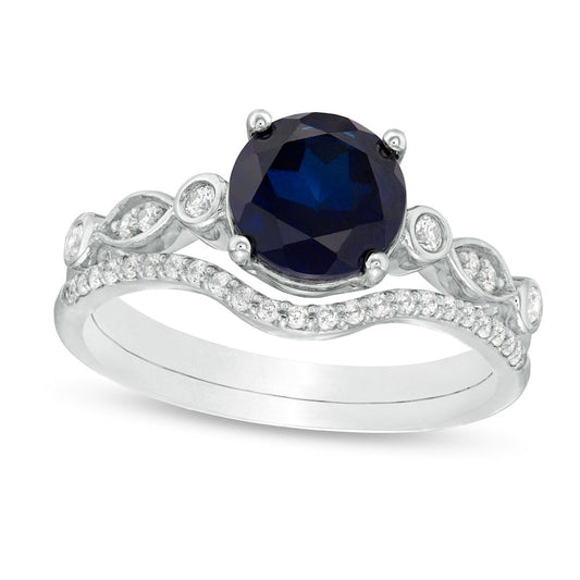 7.5mm Lab-Created Blue Sapphire and 0.17 CT. T.W. Diamond Geometric Bridal Engagement Ring Set in Sterling Silver