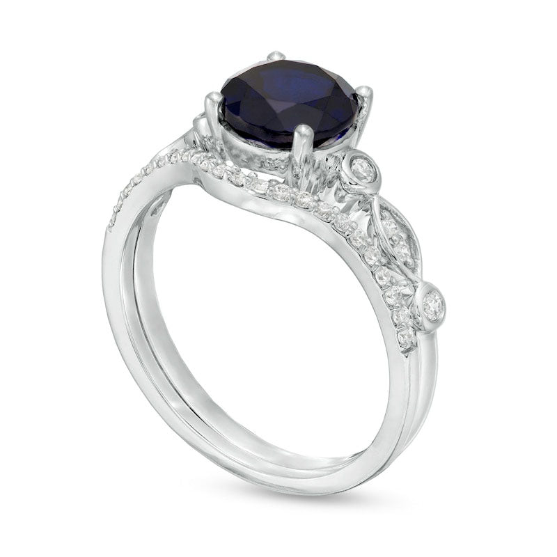 7.5mm Lab-Created Blue Sapphire and 0.17 CT. T.W. Diamond Geometric Bridal Engagement Ring Set in Sterling Silver