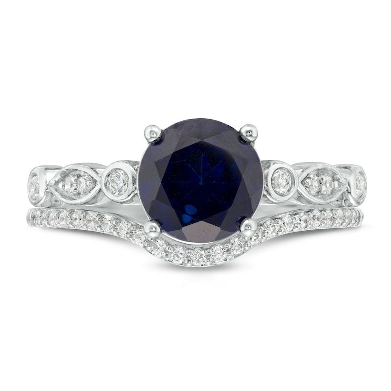 7.5mm Lab-Created Blue Sapphire and 0.17 CT. T.W. Diamond Geometric Bridal Engagement Ring Set in Sterling Silver