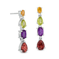 Pear-Shaped and Oval Multi-Gemstone and Lab-Created White Sapphire Graduated Linear Drop Earrings in Sterling Silver