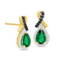 Lab-Created Emerald and 0.13 CT. T.W. Enhanced Black and White Diamond Drop Earrings in Sterling Silver with 14K GP