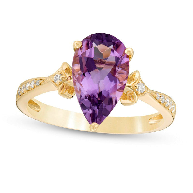 Pear-Shaped Amethyst and 0.05 CT. T.W. Natural Diamond Kite-Shaped Side Accents Tapered Shank Ring in Solid 14K Gold