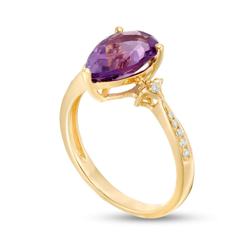 Pear-Shaped Amethyst and 0.05 CT. T.W. Natural Diamond Kite-Shaped Side Accents Tapered Shank Ring in Solid 14K Gold