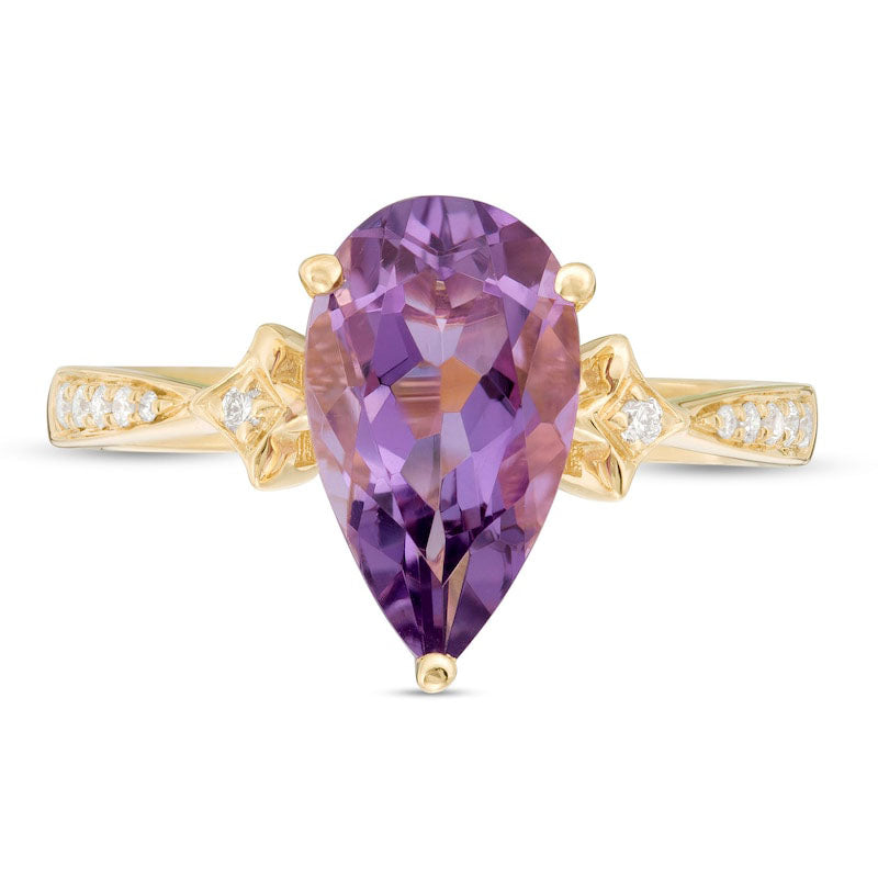 Pear-Shaped Amethyst and 0.05 CT. T.W. Natural Diamond Kite-Shaped Side Accents Tapered Shank Ring in Solid 14K Gold