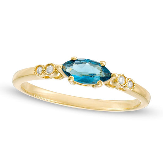 Sideways Marquise London Blue Topaz and and Natural Diamond Accent Bezel-Set Art Deco Ring in Solid 14K Gold