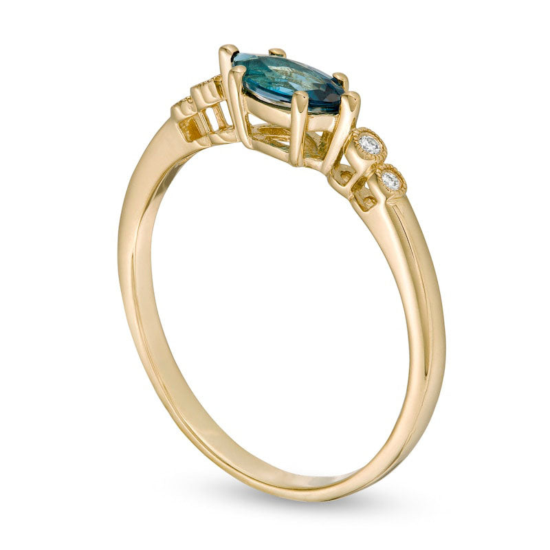 Sideways Marquise London Blue Topaz and and Natural Diamond Accent Bezel-Set Art Deco Ring in Solid 14K Gold