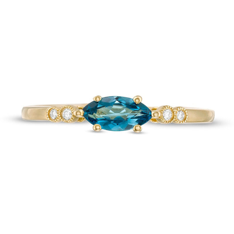 Sideways Marquise London Blue Topaz and and Natural Diamond Accent Bezel-Set Art Deco Ring in Solid 14K Gold