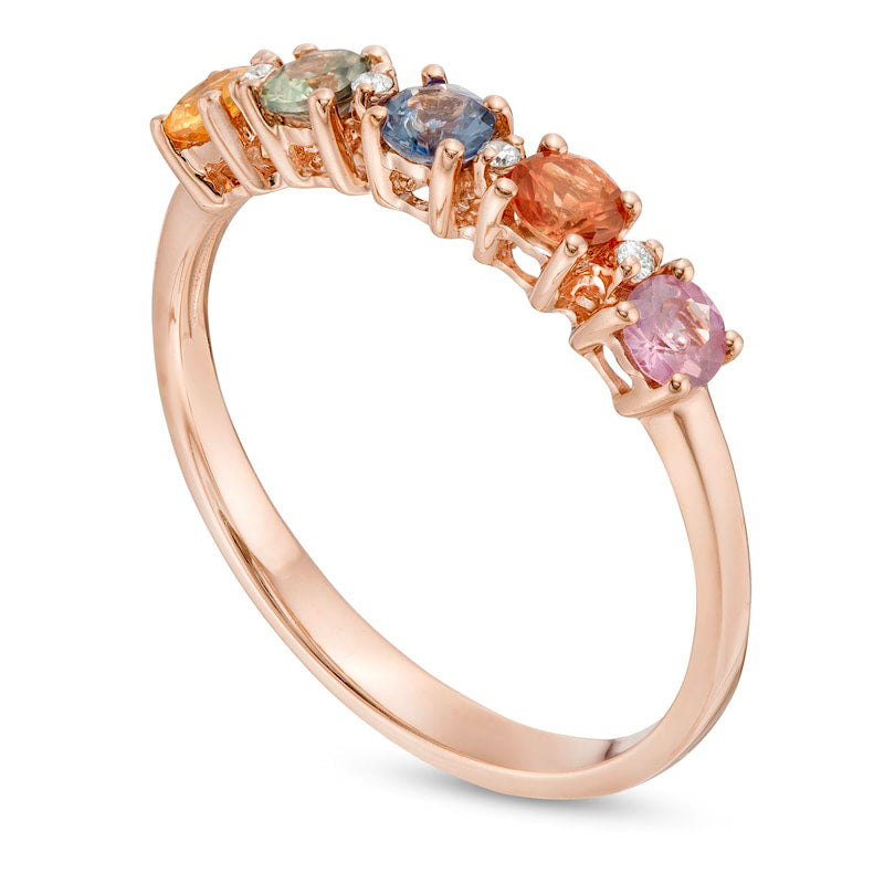 3.0mm Multi-Color Sapphire and Natural Diamond Accent Five Stone Ring in Solid 14K Rose Gold