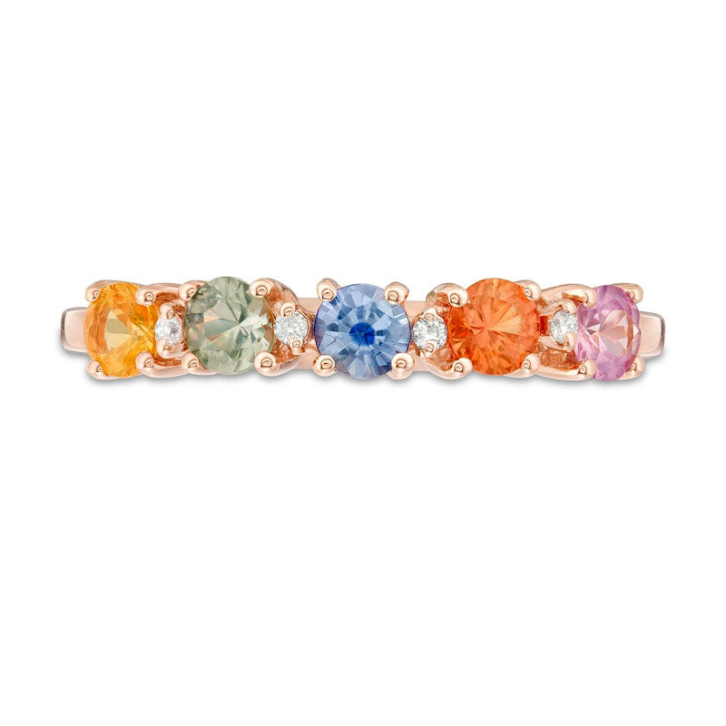 3.0mm Multi-Color Sapphire and Natural Diamond Accent Five Stone Ring in Solid 14K Rose Gold