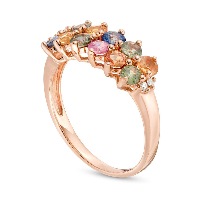 3.0mm Multi-Color Sapphire and Natural Diamond Accent Double Row Ring in Solid 14K Rose Gold