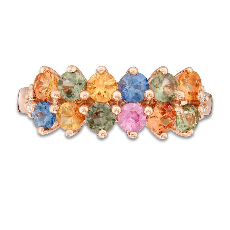 3.0mm Multi-Color Sapphire and Natural Diamond Accent Double Row Ring in Solid 14K Rose Gold