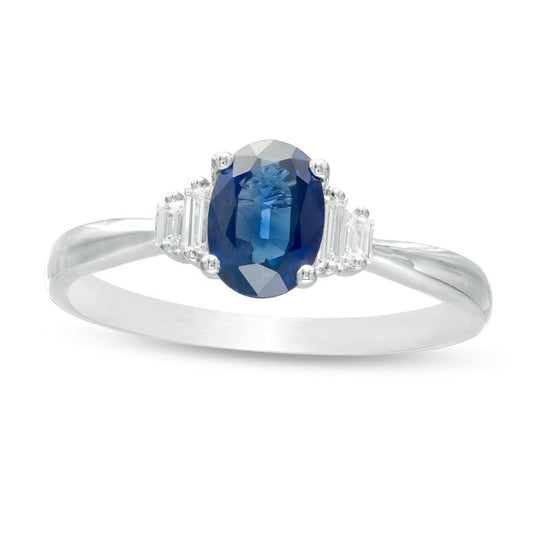 Oval Blue Sapphire and 0.05 CT. T.W. Baguette Natural Diamond Stepped Collar Ring in Solid 10K White Gold