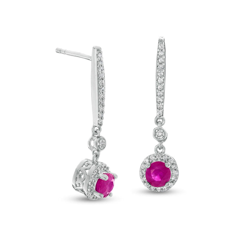 4.0mm Ruby and 0.17 CT. T.W. Diamond Frame Drop Earrings in 10K White Gold