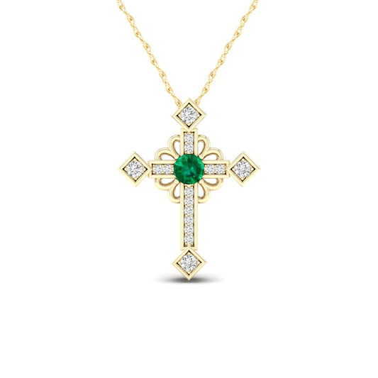 Emerald and 0.05 CT. T.W. Natural Diamond Gothic-Style Cross Pendant in 10K Yellow Gold