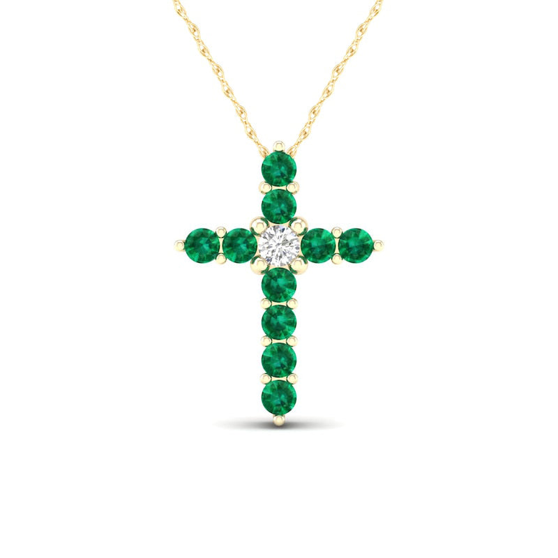 Emerald and 0.05 CT. Natural Diamond Cross Pendant in 10K Yellow Gold