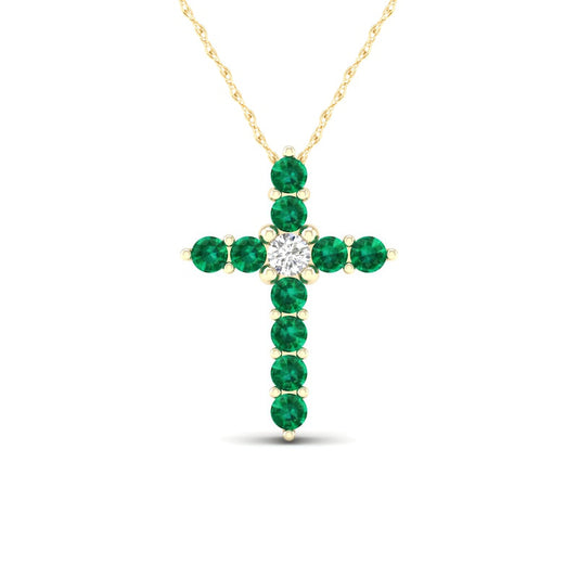 Emerald and 0.05 CT. Natural Diamond Cross Pendant in 10K Yellow Gold