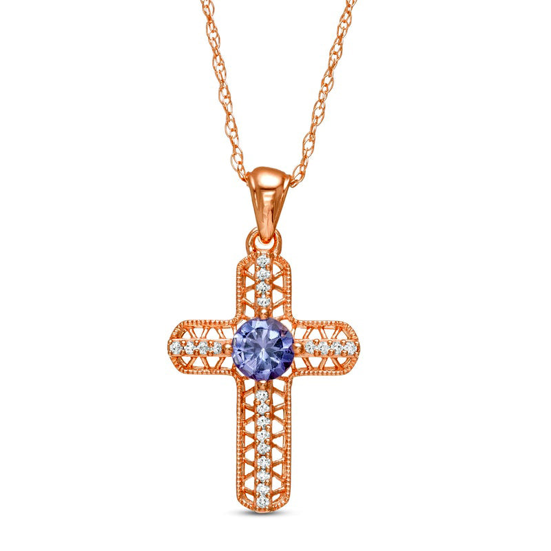 4.0mm Tanzanite and 0.05 CT. T.W. Natural Diamond Antique Vintage-Style Woven Cross Pendant in 10K Rose Gold