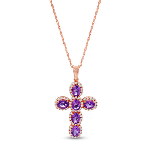 Oval Amethyst and 0.2 CT. T.W. Natural Diamond Frame Cross Pendant in 10K Rose Gold