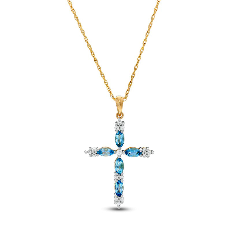 Marquise Swiss Blue Topaz and 0.07 CT. T.W. Natural Diamond Cross Pendant in 10K Yellow Gold