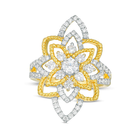 1.0 CT. T.W. Natural Diamond Flower Ring in Solid 10K Yellow Gold