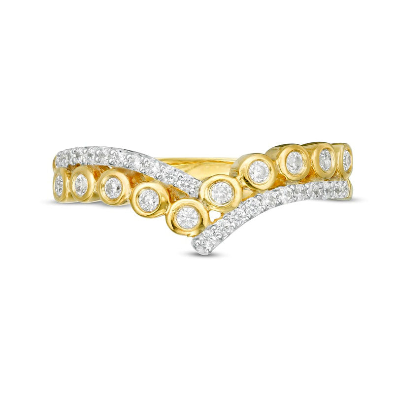 0.20 CT. T.W. Natural Diamond Chevron Double Row Crossover Ring in Solid 10K Yellow Gold