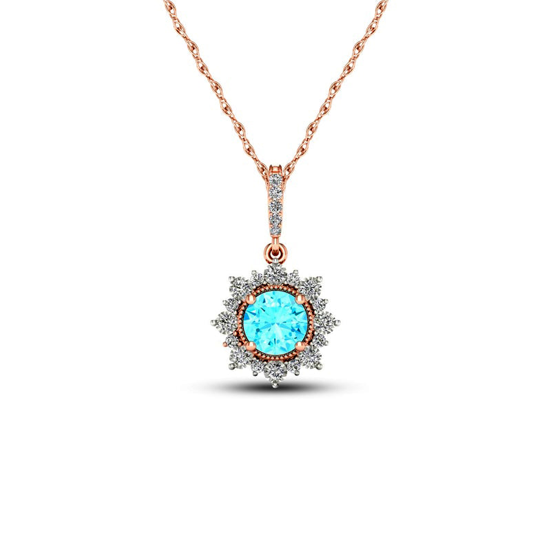 5.0mm Aquamarine and 0.07 CT. T.W. Natural Diamond Sun Frame Antique Vintage-Style Pendant in 10K Rose Gold