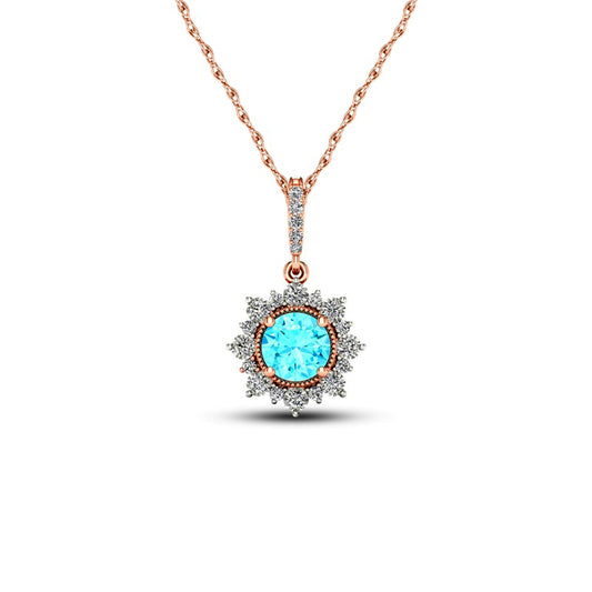 5.0mm Aquamarine and 0.07 CT. T.W. Natural Diamond Sun Frame Antique Vintage-Style Pendant in 10K Rose Gold