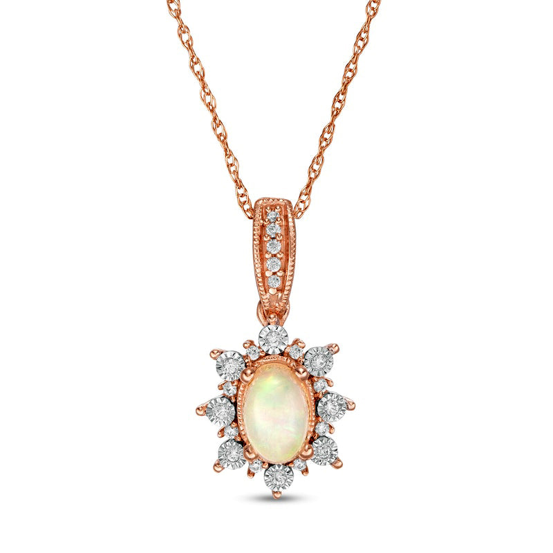 Oval Opal and 0.07 CT. T.W. Natural Diamond Sun Frame Antique Vintage-Style Pendant in 10K Rose Gold