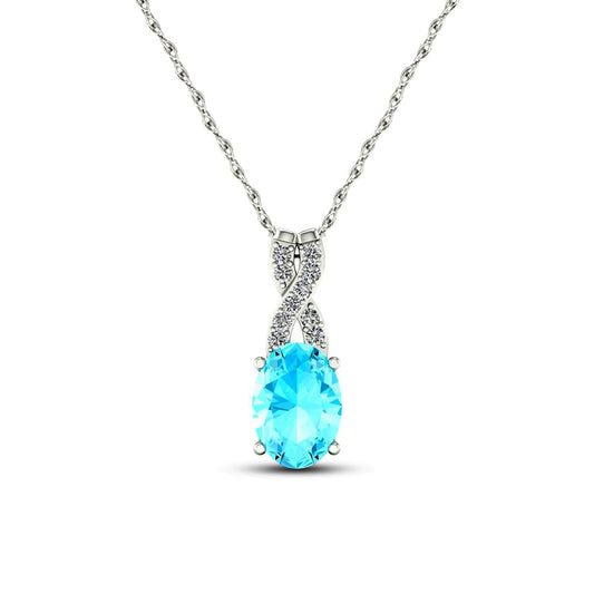 Oval Aquamarine and 0.05 CT. T.W. Natural Diamond "X" Drop Pendant in 10K White Gold