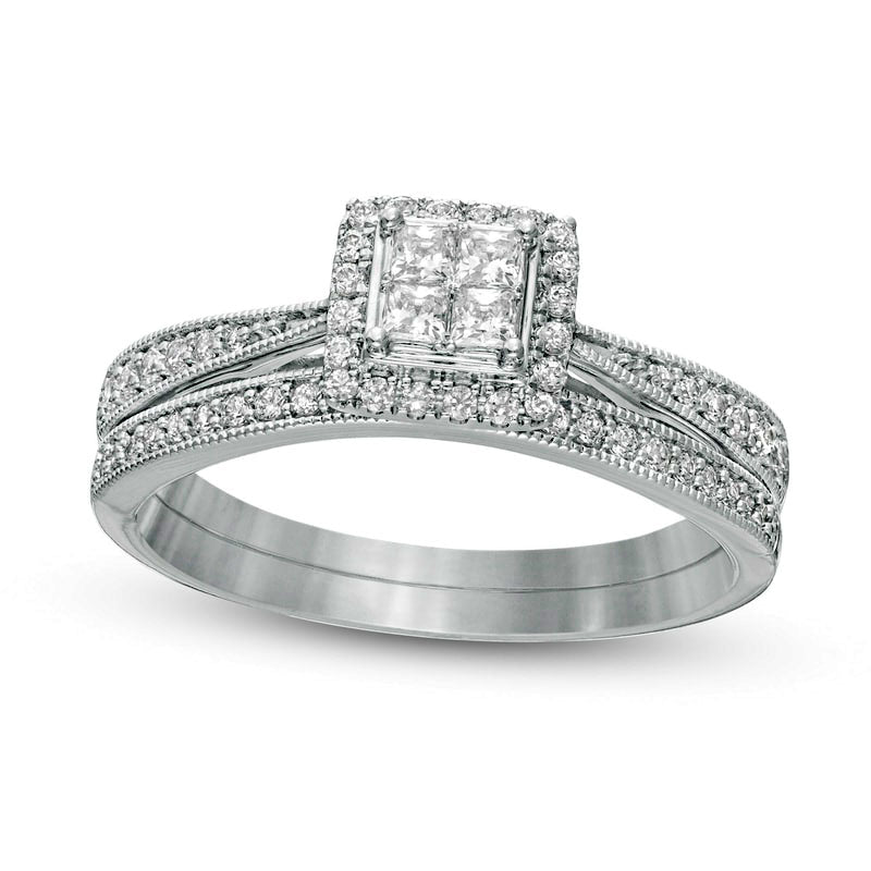 0.38 CT. T.W. Quad Princess-Cut Natural Diamond Frame Antique Vintage-Style Bridal Engagement Ring Set in Solid 10K White Gold