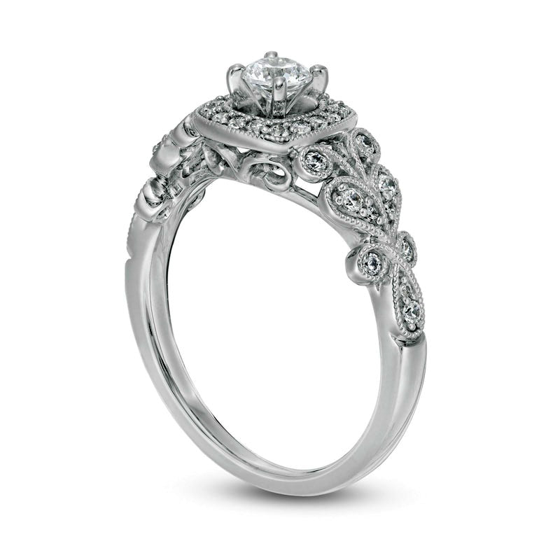 0.50 CT. T.W. Natural Diamond Cushion Frame Ornate Antique Vintage-Style Engagement Ring in Solid 10K White Gold