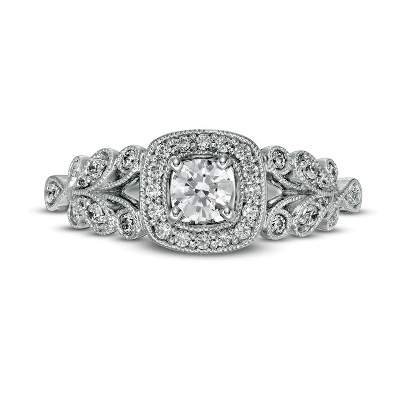 0.50 CT. T.W. Natural Diamond Cushion Frame Ornate Antique Vintage-Style Engagement Ring in Solid 10K White Gold