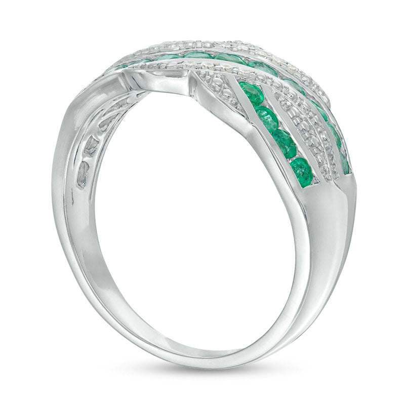 Emerald and 0.05 CT. T.W. Natural Diamond Beaded Border Crossover Ring in Sterling Silver