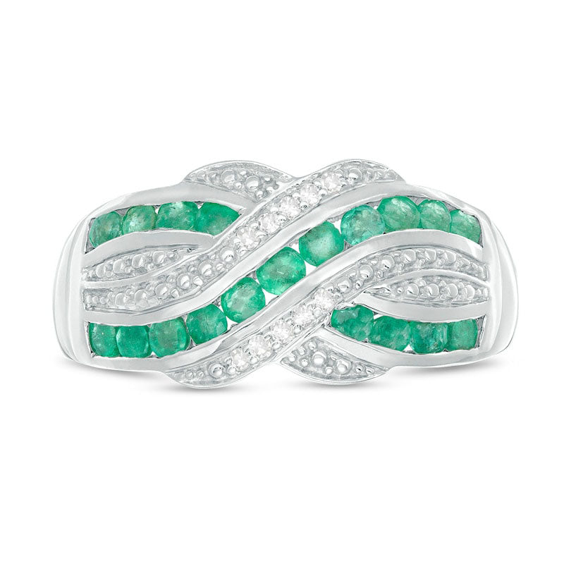 Emerald and 0.05 CT. T.W. Natural Diamond Beaded Border Crossover Ring in Sterling Silver