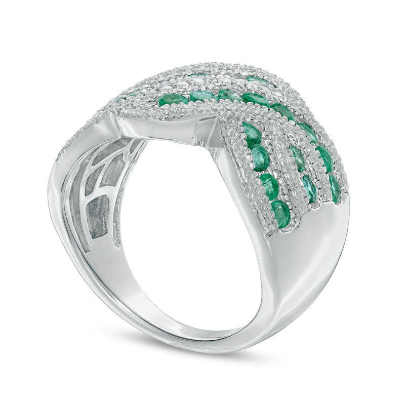 Emerald and 0.10 CT. T.W. Natural Diamond Beaded Border Multi-Row Crossover Ring in Sterling Silver