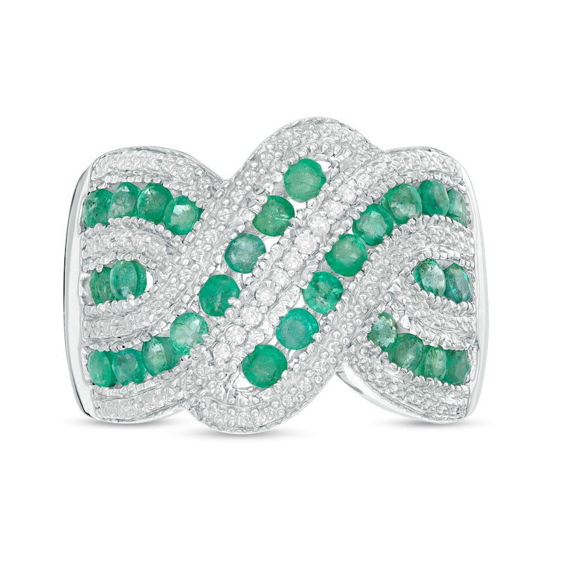 Emerald and 0.10 CT. T.W. Natural Diamond Beaded Border Multi-Row Crossover Ring in Sterling Silver