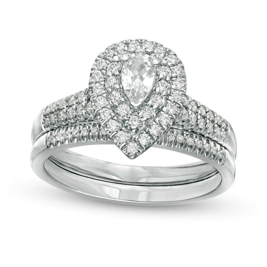 0.75 CT. T.W. Pear-Shaped Natural Diamond Double Frame Bridal Engagement Ring Set in Solid 14K White Gold