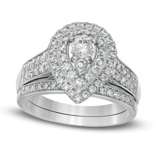 1.0 CT. T.W. Natural Diamond Double Pear-Shaped Frame Antique Vintage-Style Bridal Engagement Ring Set in Solid 14K White Gold