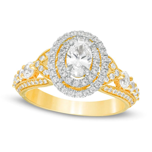 1.63 CT. T.W. Oval Natural Diamond Double Frame Antique Vintage-Style Engagement Ring in Solid 14K Gold