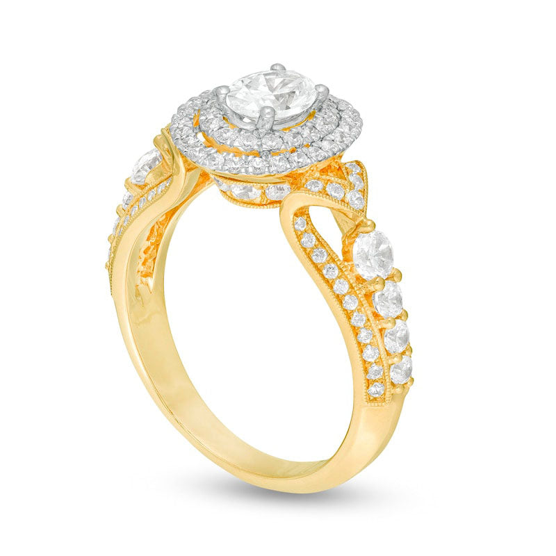 1.63 CT. T.W. Oval Natural Diamond Double Frame Antique Vintage-Style Engagement Ring in Solid 14K Gold